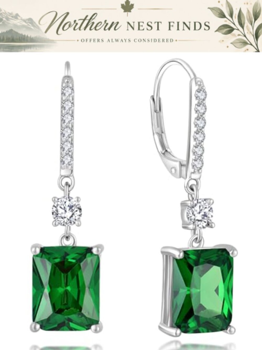 Emerald Cut Dangle Drop Earrings for Women 925 Sterling Silver 18k White Gold